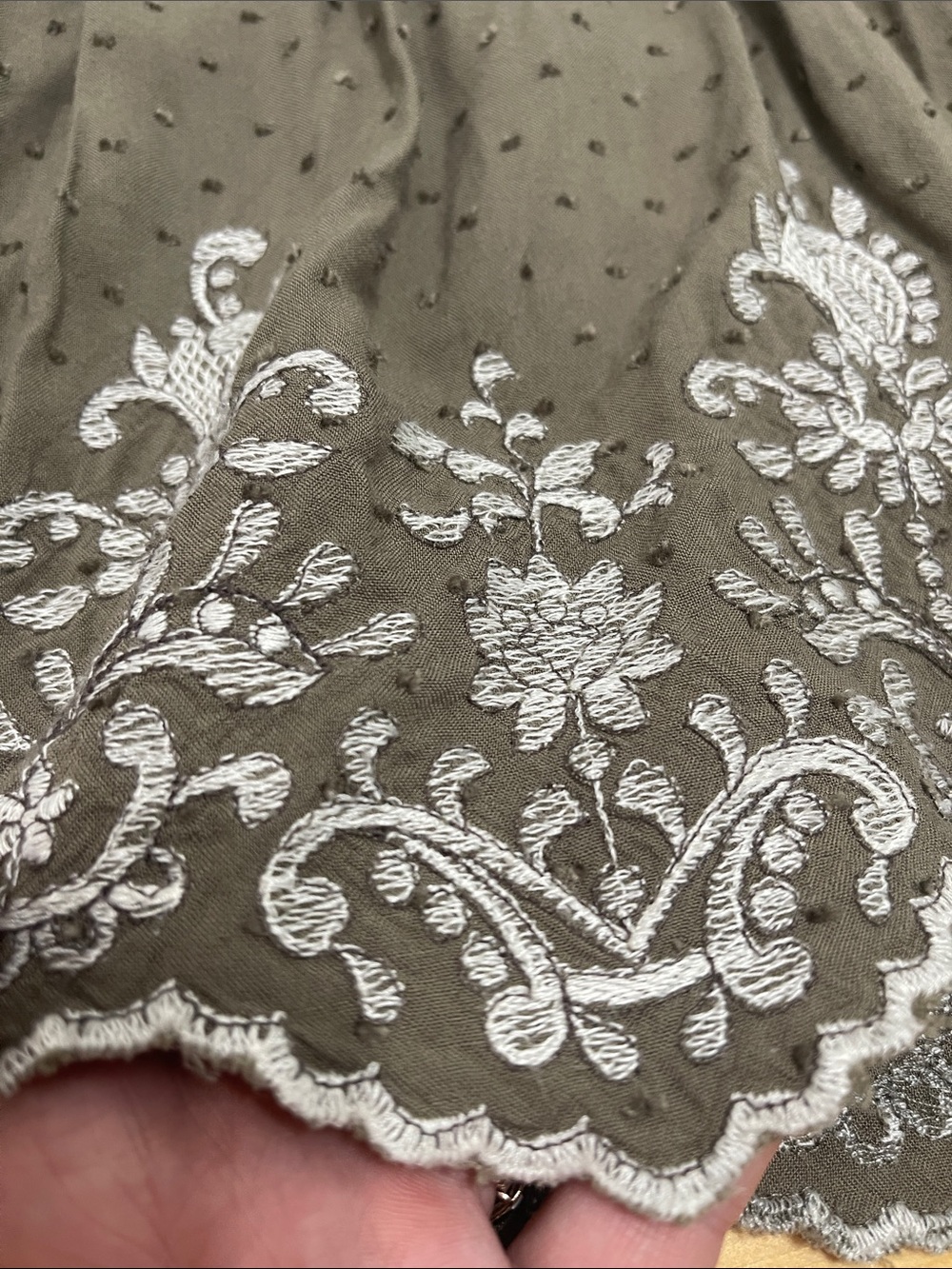 LOGO Lavish Boho Mixed Media Lace Embroidery Tunic Top Gray Olive Green Tiered M - Picture 10 of 16